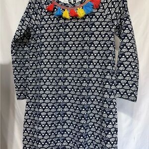 Navy and White Patterned Kids Dress with Tassel Accents